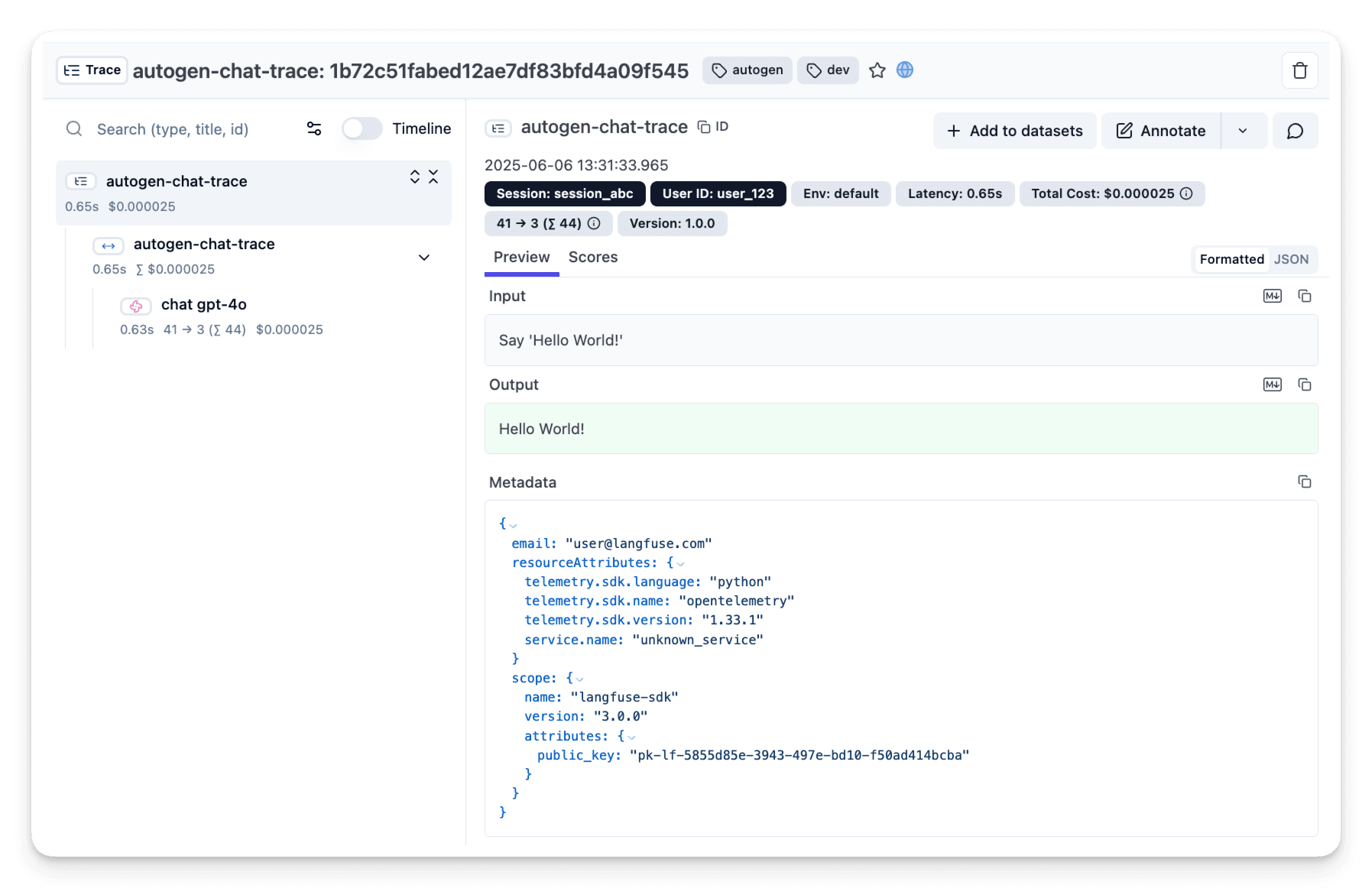 AutoGen trace visualization in Langfuse